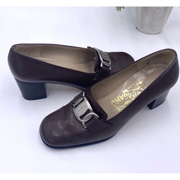 Salvatore Ferragamo Womens Brown Chunky Block DQ 66986 Sz 4 Silver Accent Heels - Picture 3 of 10
